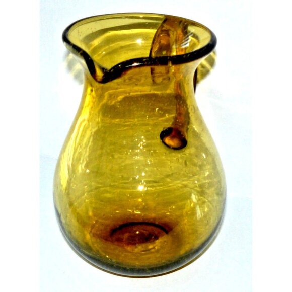 Rare Blenko Style MCM Art Glass Crackled Amber Pitcher Jug Applied Handle Vintag - Picture 4 of 7